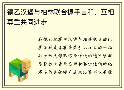 德乙汉堡与柏林联合握手言和，互相尊重共同进步